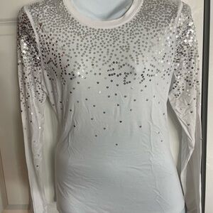 INC International Concepts Silver Sequin Long Sleeve Top